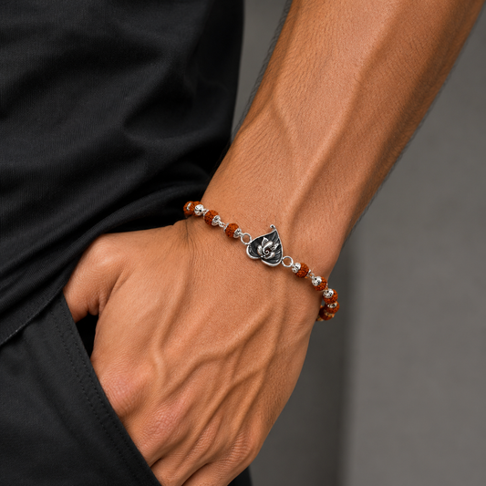925 sterling silver lord Ganesha on Paan(betel leaf) design Rudraksha,Tulsi bead bracelet rakhi  rk182