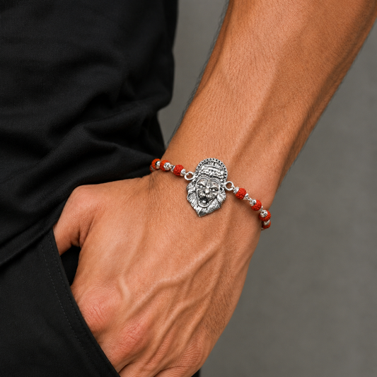 925 sterling silver lord Narsimha design Rudraksha, Tulsi, Silver beads bracelet rakhi rk210