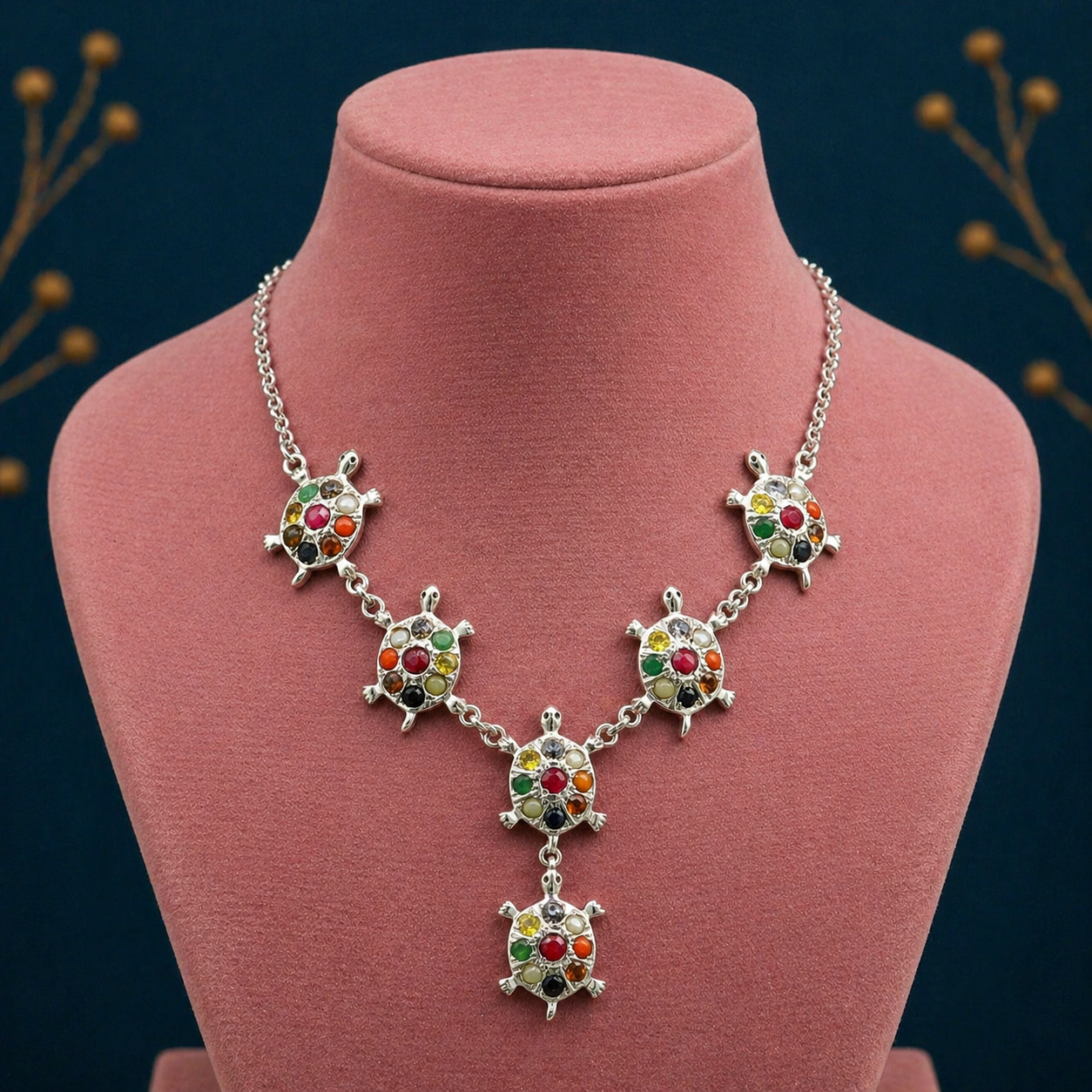 Sterling silver Navratan stone tortoise design necklace with tribal ethnic style, ideal for belly dance jewelry and accessorizing.