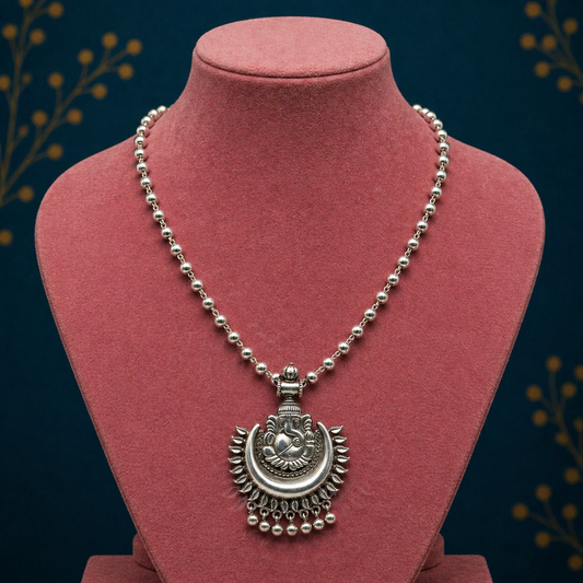 Vintage Indian tribal jewelry set featuring a 925 sterling silver beaded Ganesha long necklace with traditional cultural design.