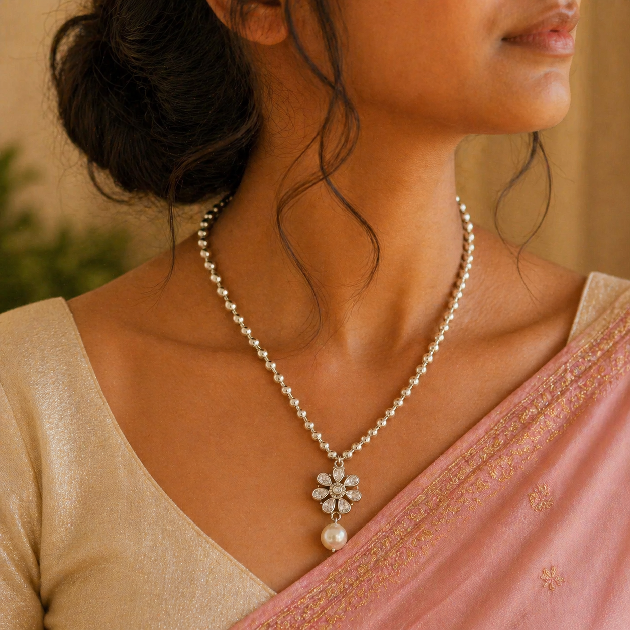 Sterling silver beads ball chain necklace with flower pendant and hanging pearl, jewelry set by TRIBAL ORNAMENTS