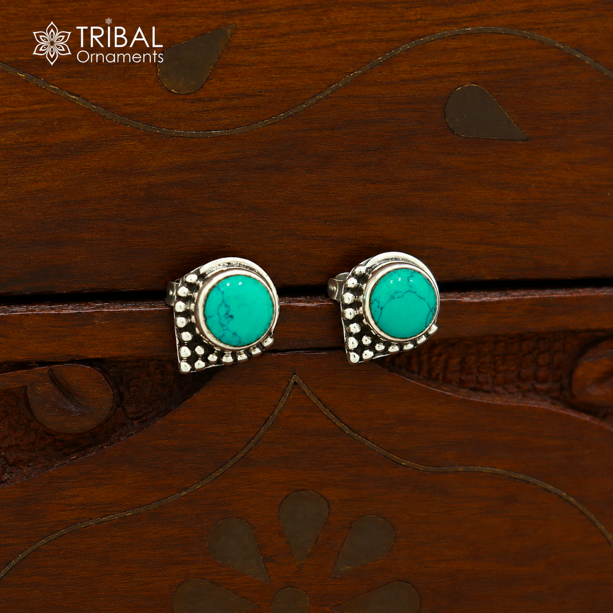 925 sterling silver round shape blue turquoise stone stud earring best unisex jewelry ER283