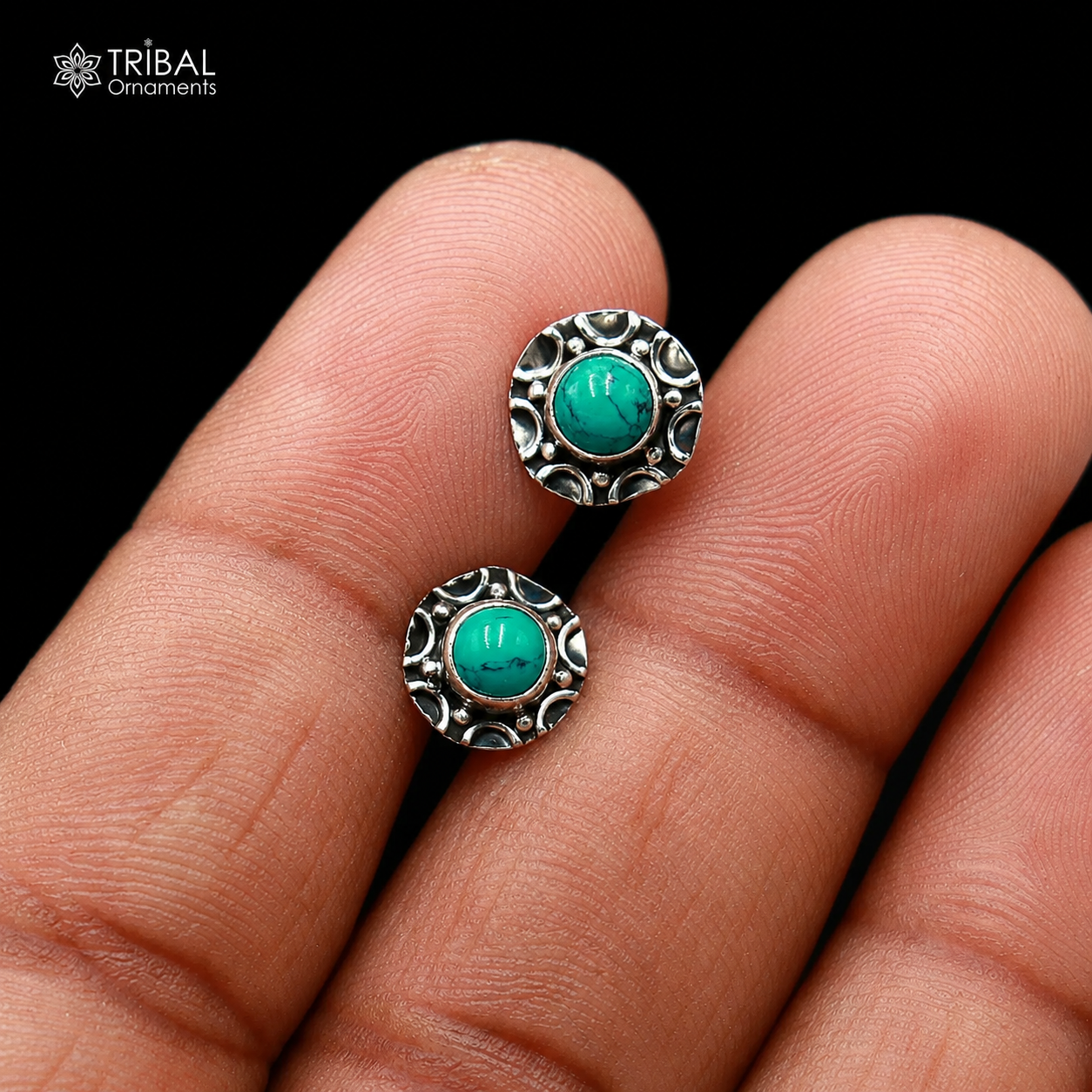 925 sterling silver round shape blue turquoise stone stud earring best unisex jewelry ER284