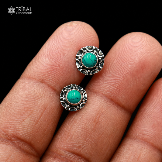 925 sterling silver round shape blue turquoise stone stud earring best unisex jewelry ER284