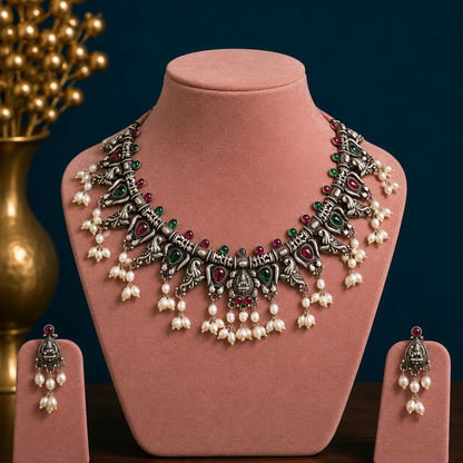 Sterling silver Goddess Laxmi necklace with hanging pearls, vintage tribal design, ideal for brides and belly dance jewelry.