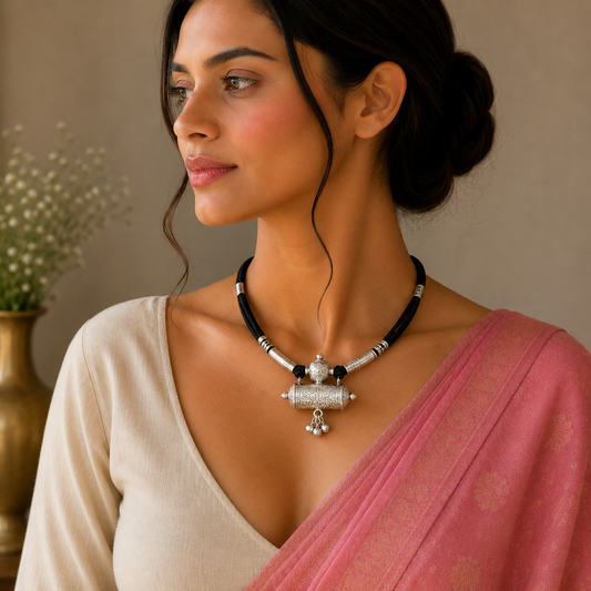 Sterling silver tribal amulet pendant necklace with adjustable back knot, featuring intricate ethnic design and cultural jewelry style.