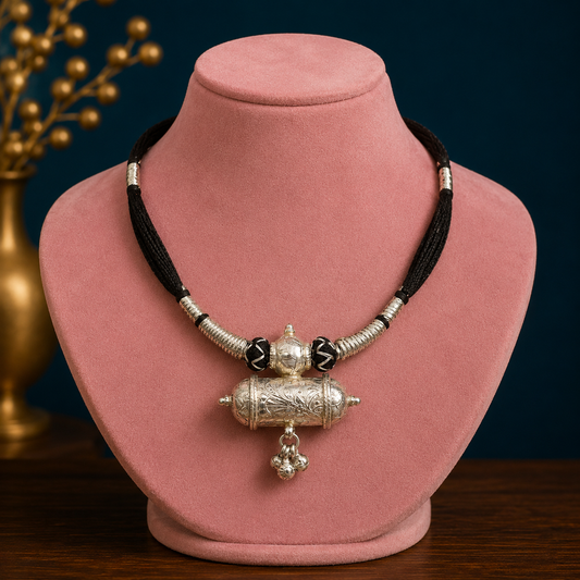 925 sterling silver tribal amulet pendant necklace with adjustable back knot and ethnic design, cultural jewelry style.