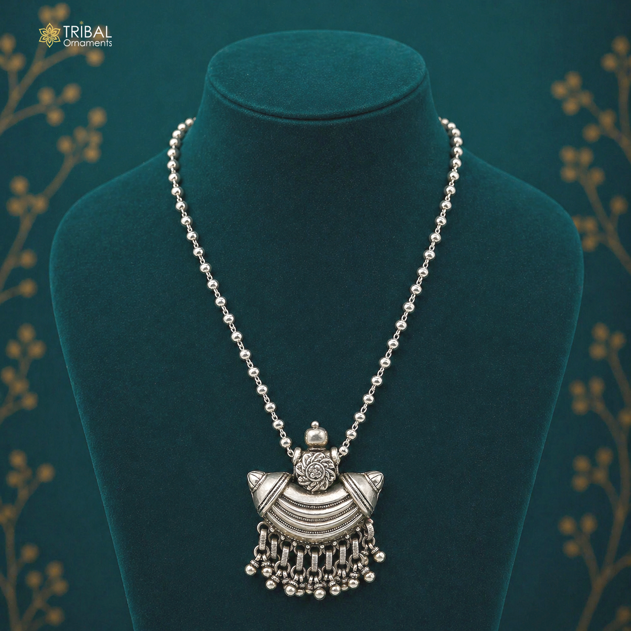 925 sterling silver tribal charm pendant with ethnic temple design from India, featuring intricate traditional craftsmanship.