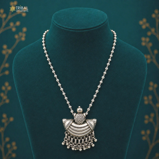 925 sterling silver tribal charm pendant with ethnic temple design from India, featuring intricate traditional craftsmanship.