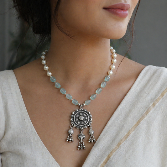 925 sterling silver vintage beaded hanging drop necklace with intricate design, ideal for brides and belly dance costumes.