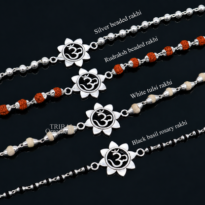 Sterling silver flower OM design Rudraksha beaded bracelet with Tulsi beads, crafted by TRIBAL ORNAMENTS.
