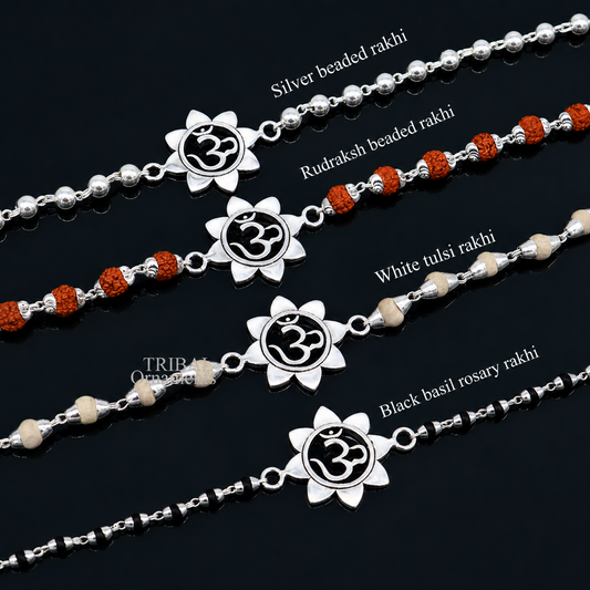 Sterling silver flower OM design Rudraksha beaded bracelet with Tulsi beads, crafted by TRIBAL ORNAMENTS.