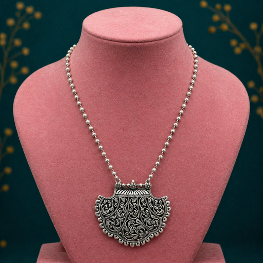 30-inch sterling silver beaded pendant necklace with tribal ethnic design, featuring traditional beaded chain and trendy jewelry style.