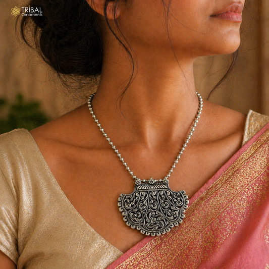 30-inch beaded traditional tribal sterling silver pendant necklace with intricate ethnic jewelry style and beaded chain design.