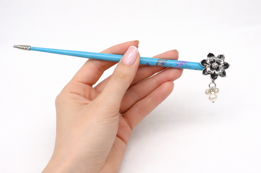 Vintage sterling silver rose flower hair jewelry with wooden stick and pearl, handmade bridal hair accessory by TRIBAL ORNAMENTS