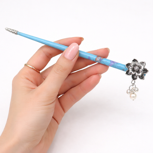 Vintage sterling silver rose flower hair jewelry with wooden stick and pearl, handmade bridal accessory by TRIBAL ORNAMENTS