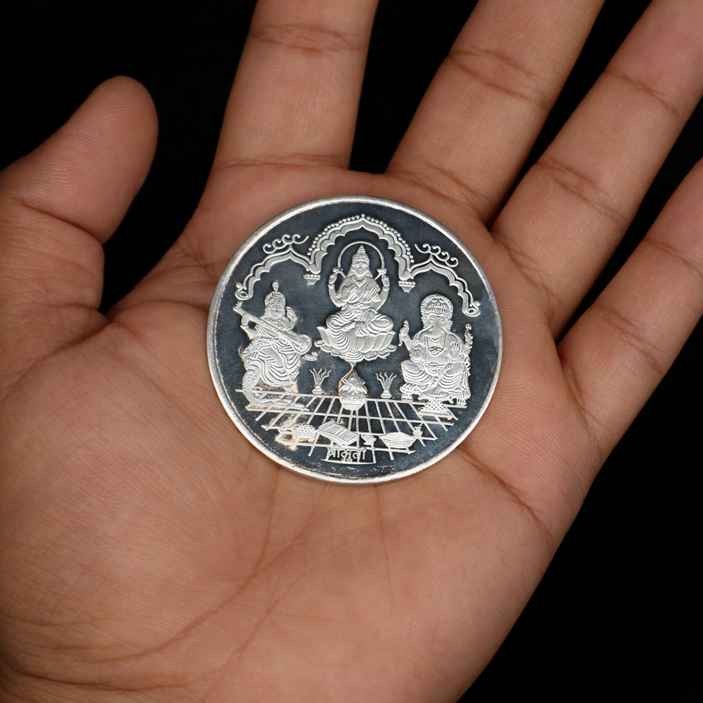 Silver coins featuring Ganesha, Lakshmi, and Saraswati, 50 grams, from Tribal Ornaments for Diwali celebrations.
