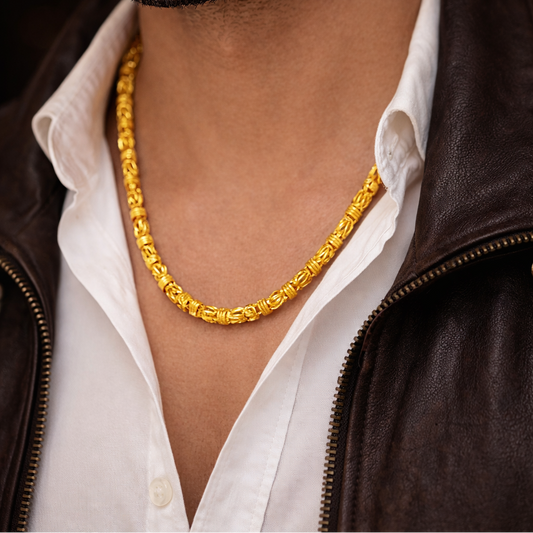 Handmade 22K yellow gold hollow Byzantine chain necklace, 6mm width, traditional Indian jewelry with intricate link design.