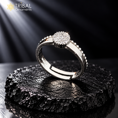 Sterling silver stylish design CZ stone ring with intricate details, crafted by TRIBAL ORNAMENTS.