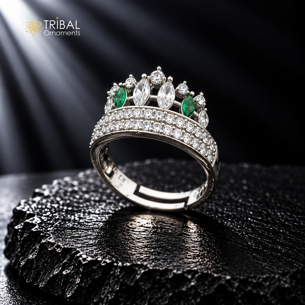 Sterling silver crown-style CZ stone ring by TRIBAL ORNAMENTS, showcasing a detailed crown design with sparkling stones.