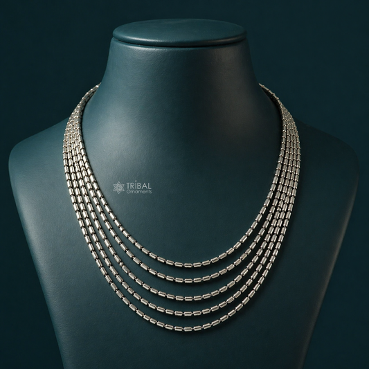Sterling silver layered necklace with 2mm five strands, vintage style, stylish wedding charm, jewelry by TRIBAL ORNAMENTS