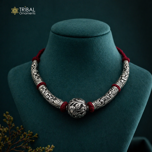 Sterling silver beaded necklace by TRIBAL ORNAMENTS, stylish ethnic choker with intricate beading, perfect for weddings and special occasions.