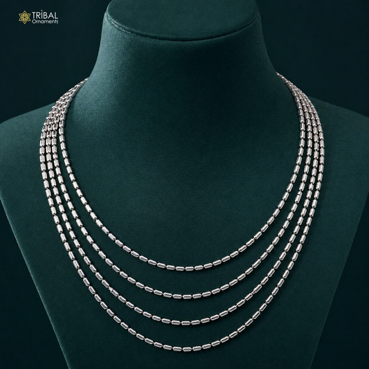 925 sterling silver beaded chain necklace set with four-line design, tribal jewelry style by TRIBAL ORNAMENTS