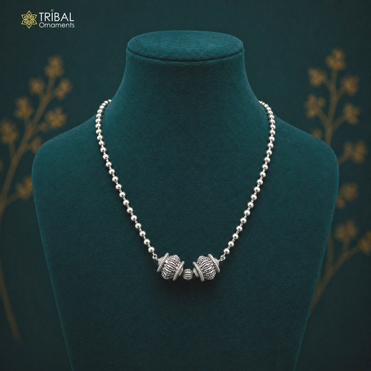925 sterling silver 4mm bead ball chain necklace with antique tribal pendant, showcasing detailed classical tribal jewelry design