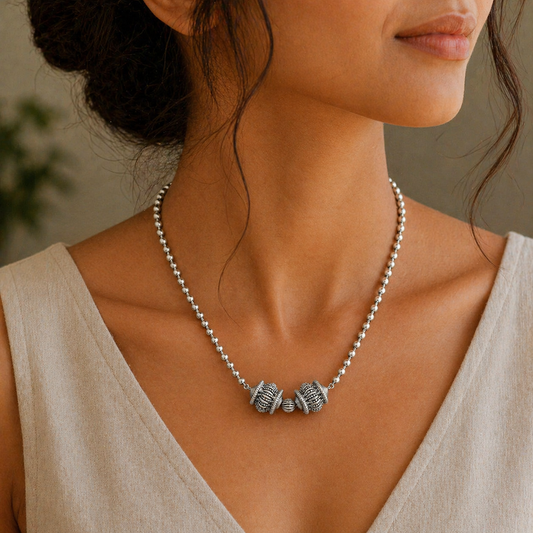 Sterling silver 4mm beads ball chain necklace with antique tribal pendant, part of TRIBAL ORNAMENTS jewelry set, showcasing intricate design.