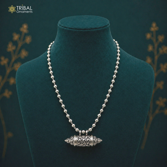 925 silver handmade Nakshai design pendant with mantra box, beaded tribal necklace, ethnic cultural jewelry set by TRIBAL ORNAMENTS