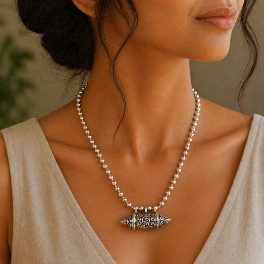 925 silver handmade Nakshai design pendant with beaded tribal necklace, ethnic cultural jewelry set featuring mantra box pendant.
