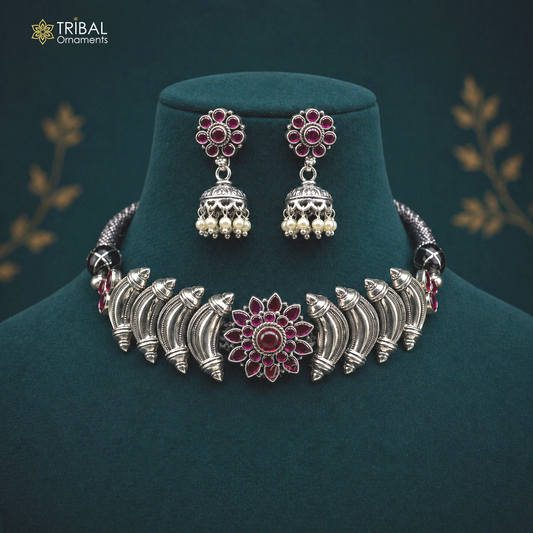 Sterling silver tribal necklace with vintage ethnic design, featuring customized work for traditional dance and wedding jewelry.
