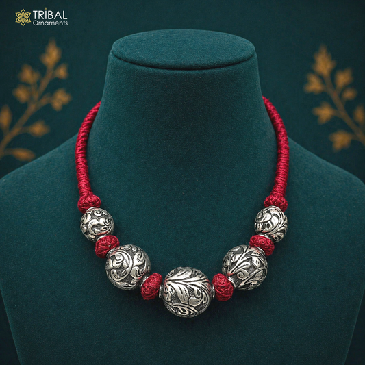Sterling silver beaded necklace by TRIBAL ORNAMENTS featuring elegant, stylish beads, perfect for weddings and ethnic jewelry sets.