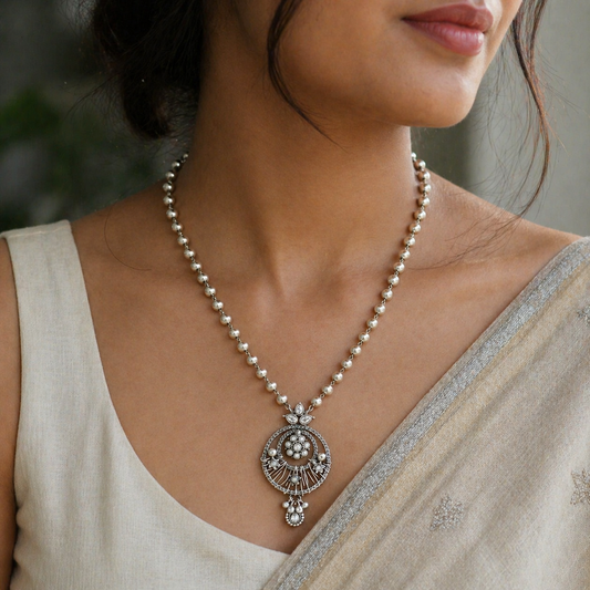 Sterling silver beaded chain necklace with tribal charm pendant, 24-inch length, handcrafted ethnic jewelry by TRIBAL ORNAMENTS