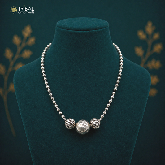 Sterling silver handmade 4mm bead necklace with a unique ball pendant, traditional cultural jewelry by TRIBAL ORNAMENTS