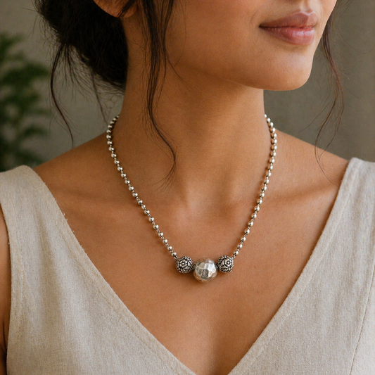 Sterling silver handmade 4mm bead necklace with unique ball pendant, traditional cultural jewelry by TRIBAL ORNAMENTS