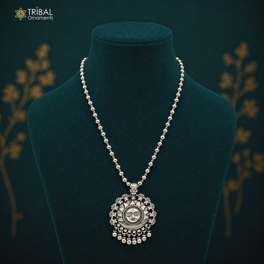 Sterling silver beaded chain necklace with sun face pendant and hanging drops, handmade tribal jewelry by Tribal Ornaments.