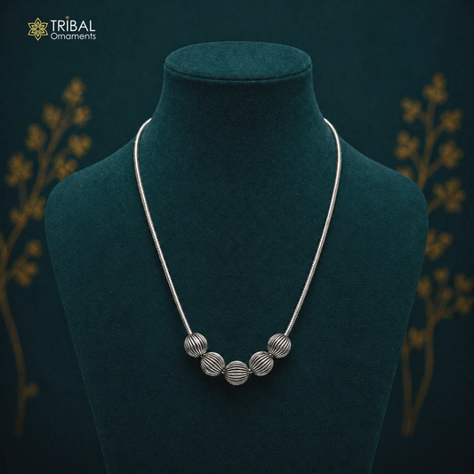 Sterling silver beaded necklace by TRIBAL ORNAMENTS, customized stylish tribal jewelry for brides or anniversaries.