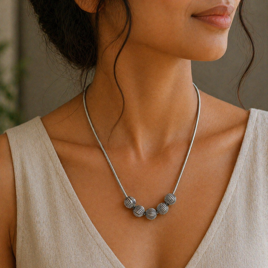Sterling silver beaded necklace by TRIBAL ORNAMENTS, stylish and customized, ideal for brides or wedding anniversary jewelry.