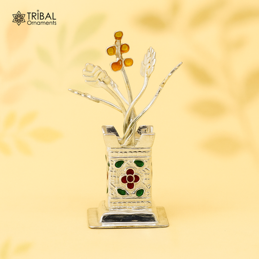 925 sterling silver handmade mini tulsi plant basil rosary plant for puja temple article, excellent customized silver utensils art su171