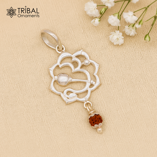 Handmade Sterling silver aum mantra pendant, Rudraksha pendant , vintage designer jewelry from india nsp282