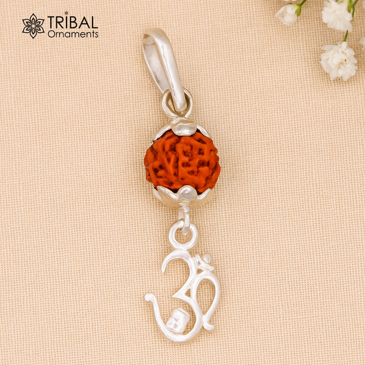 Handmade Sterling silver aum mantra pendant, Rudraksha pendant , vintage designer jewelry from india nsp283