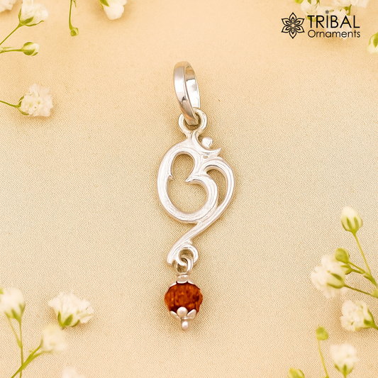 Fabulous Aum pendant with real rudraksha beads solid silver pendant unisex jewelry tribal jewelry from Rajasthan india nsp93