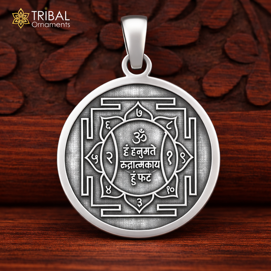 925 sterling silver Hanuman yantra unisex pendant featuring intricate design, ideal for spiritual jewelry and cultural accessories.