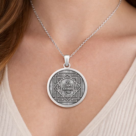 Sterling silver Hanuman yantra pendant for men and women, unisex jewelry by TRIBAL ORNAMENTS, featuring intricate Hindu deity design.