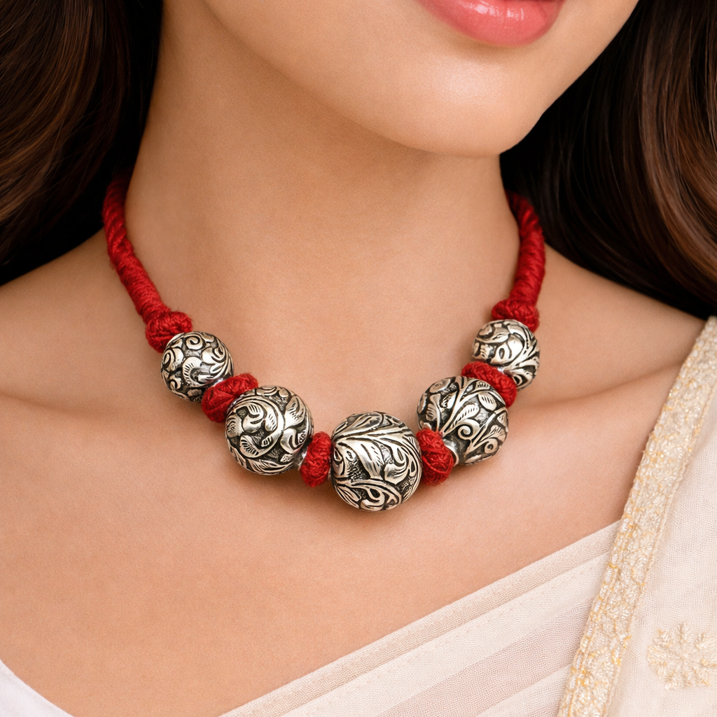Sterling silver beaded necklace with intricate tribal design, perfect for weddings and ethnic jewelry ensembles.