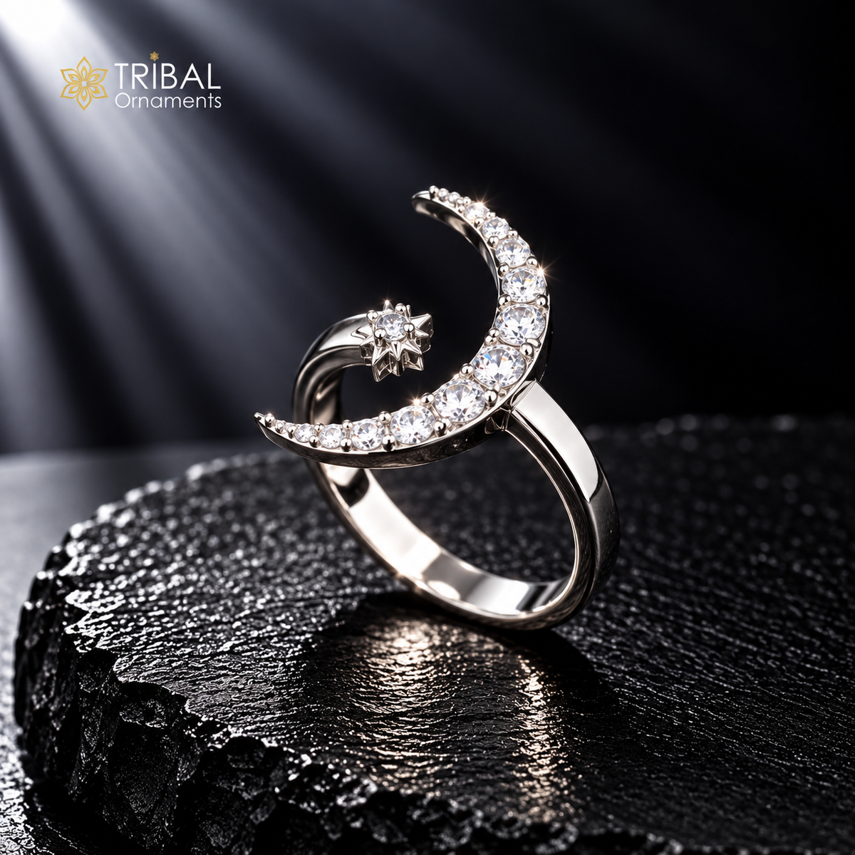 925 sterling silver moon with star design cz stone ring sr837