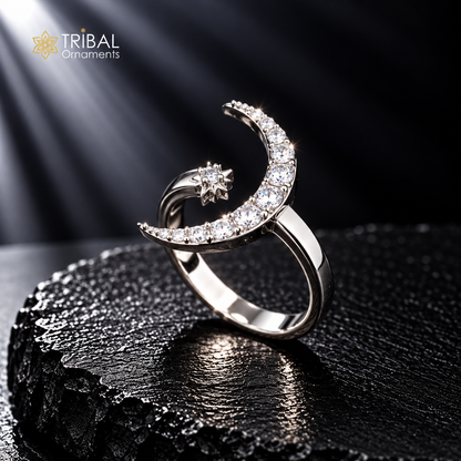925 sterling silver moon with star design cz stone ring sr837