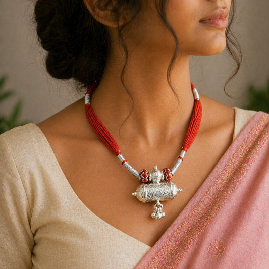 Customized Indian traditional vintage silver charm necklace with intricate tribal motifs, ideal for brides and special occasions.