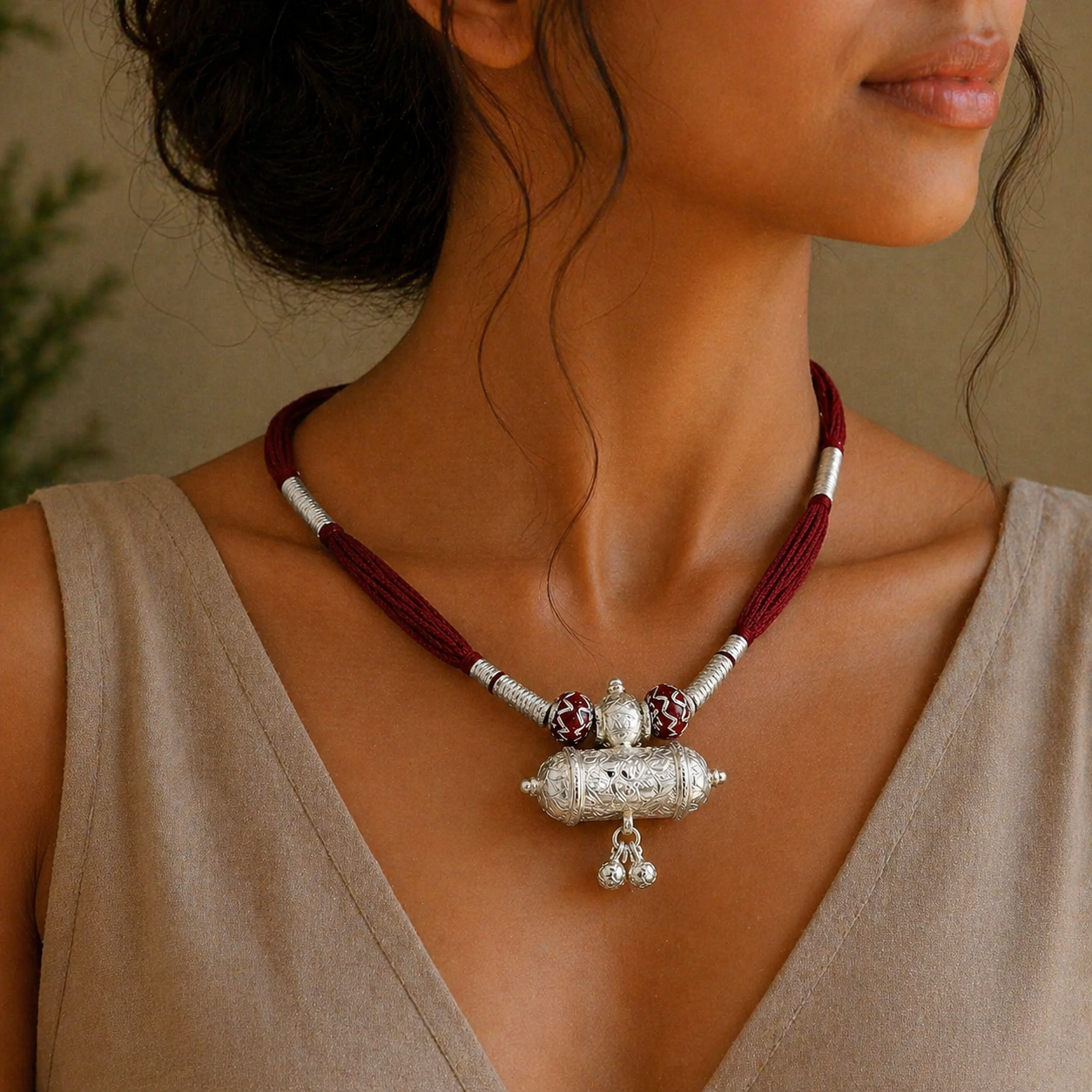 Customized Indian traditional silver charm necklace with vintage design, ideal for brides and tribal wedding jewelry by TRIBAL ORNAMENTS